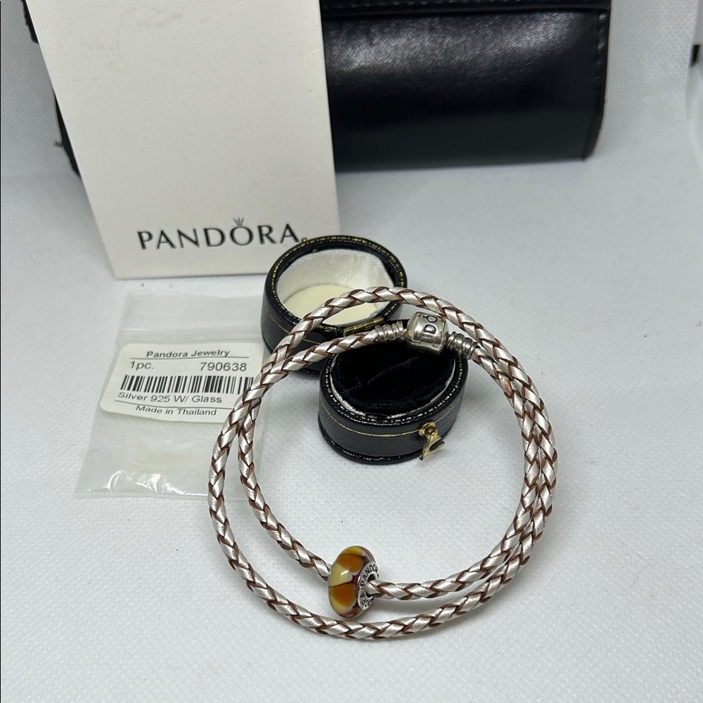 Pandora Two-Tone Braided Leather Bracelet with Yellow Glass Charm